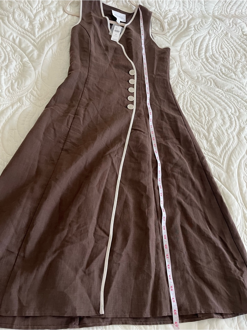 Mare Mare Anthropologie Brown One-Shoulder Wrap Dress with Cream Trim Small P - Picture 9 of 14